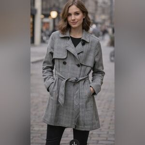 Abercrombie & Fitch Plaid Trench Coat - Black and Gray. XS